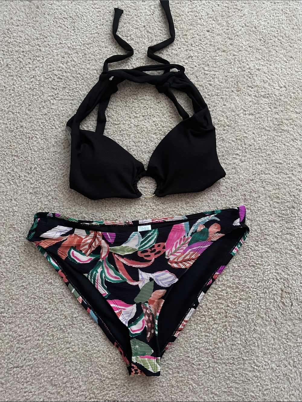 Time and Tru Black Ring-Front Bikini Top with Multicolor Floral Bottom